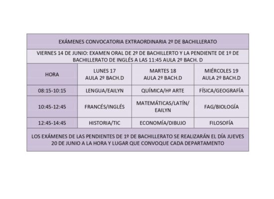 CALENDARIO DE EXÁMENES DE LA CONVOCATORIA EXTRAORDINARIA 2º BACHILLERATO