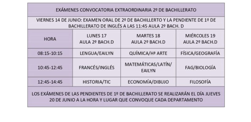 CALENDARIO DE EXÁMENES DE LA CONVOCATORIA EXTRAORDINARIA 2º BACHILLERATO